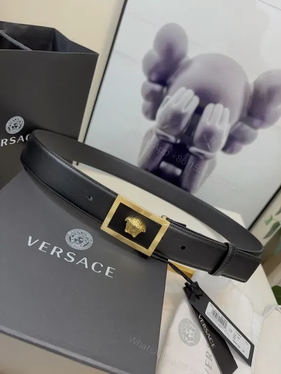 View 1 of Versace Black Leather Belt with Gold Medusa Buckle