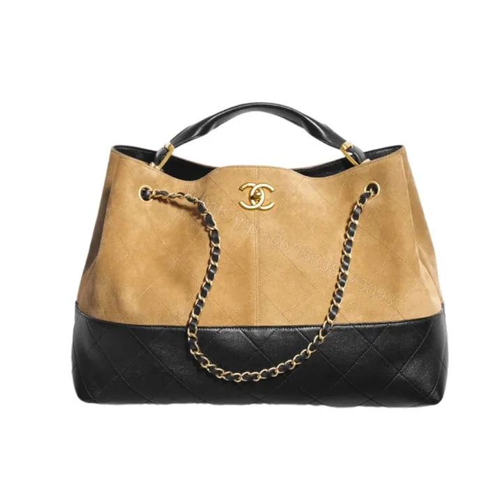 View 1 of Chanel Shopping Bag Shiny And Gold Tone Metal Beige Black 36Cm AS5657 B20827 U1536