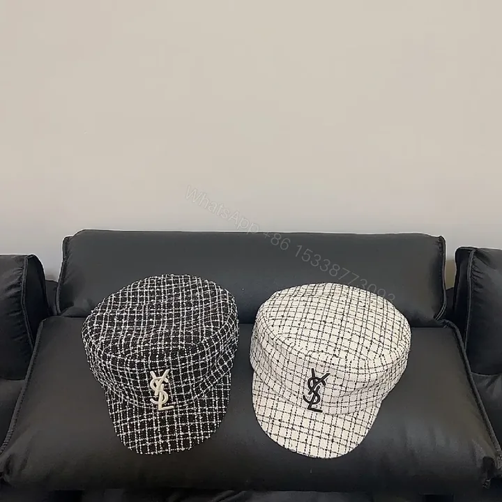 View 1 of Textured Bouclé Knit Cap with Signature Emblem, Modern Tweed Style
