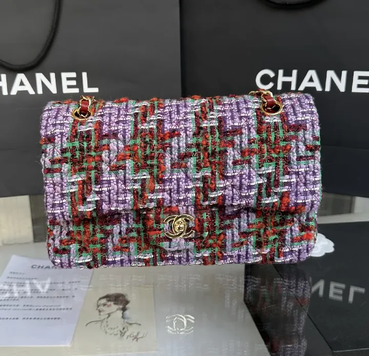 View 1 of Chic Textured Tweed Shoulder Bag with Gold Charm