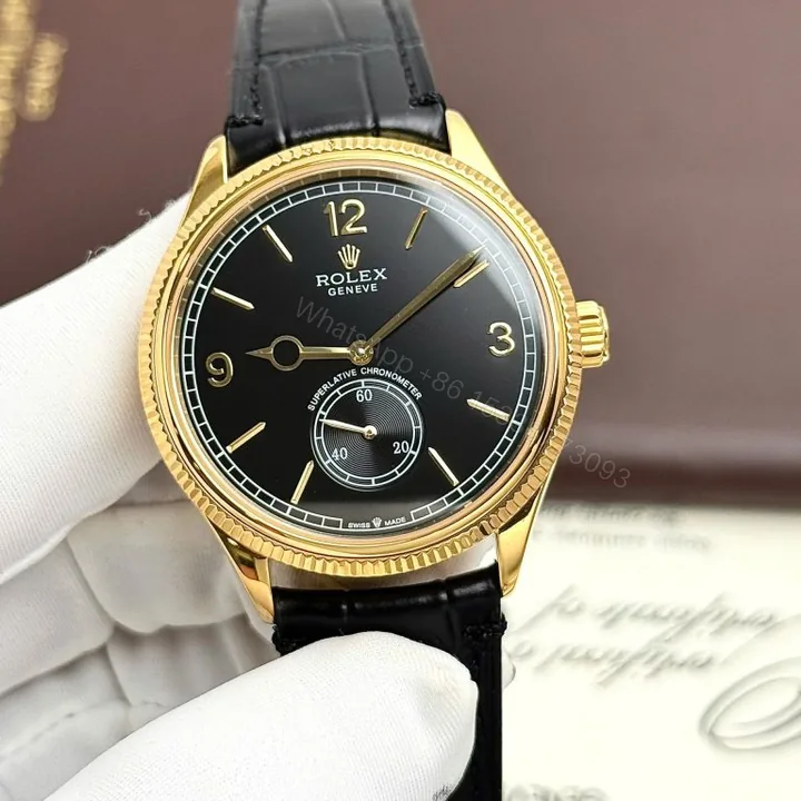 View 1 of Rolex Perpetual 1908 39mm Yellow Gold Black Dial Leather Strap Super Clone