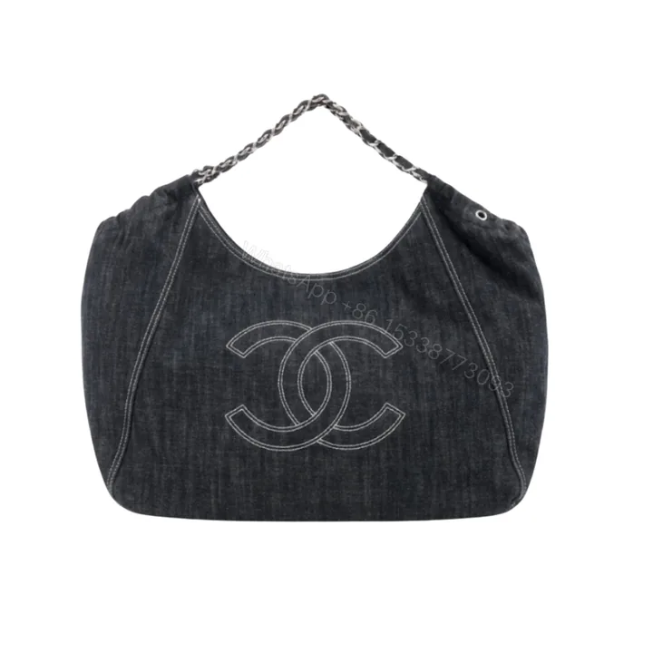 View 1 of Chanel Large Tote Bag Black Denim Chain Strap 36Cm