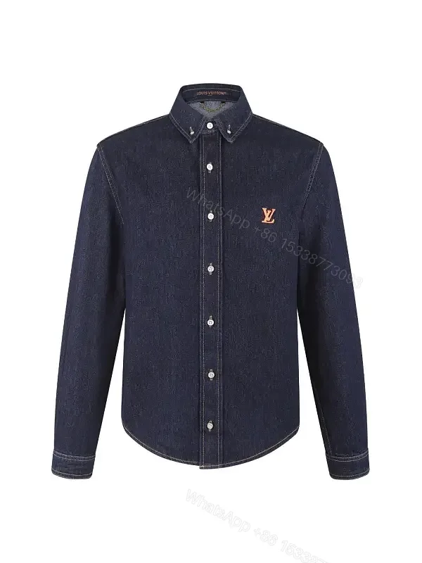 View 1 of Dark Indigo Denim Shirt, Classic Button-Down, LV Logo Embroidery