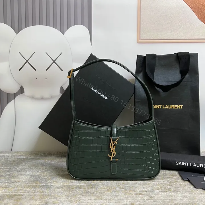 View 1 of SAINT LAURENT Le 5 À 7 Green Crocodile-effect Leather Shoulder Bag In Dark Green