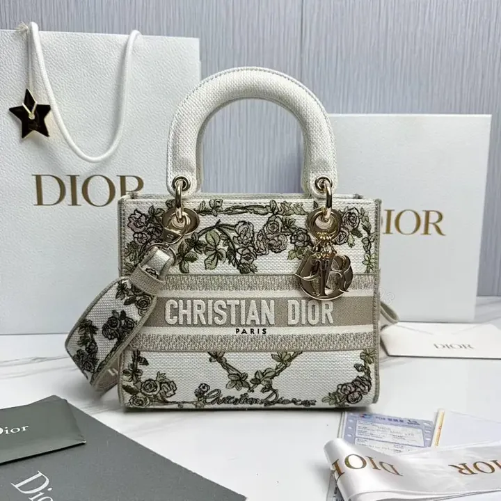 View 1 of Floral Jacquard Tote with Monogram & Gold Hardware Bag