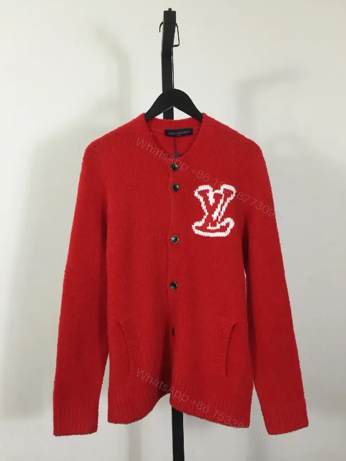 View 1 of Bold Red Cardigan with Luxe Logo Emblem - Cozy, Everyday Chic