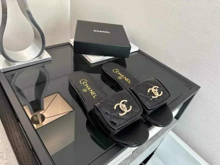 View 1 of Black Quilted Slide with Gold Logo — Luxe Comfort Slide