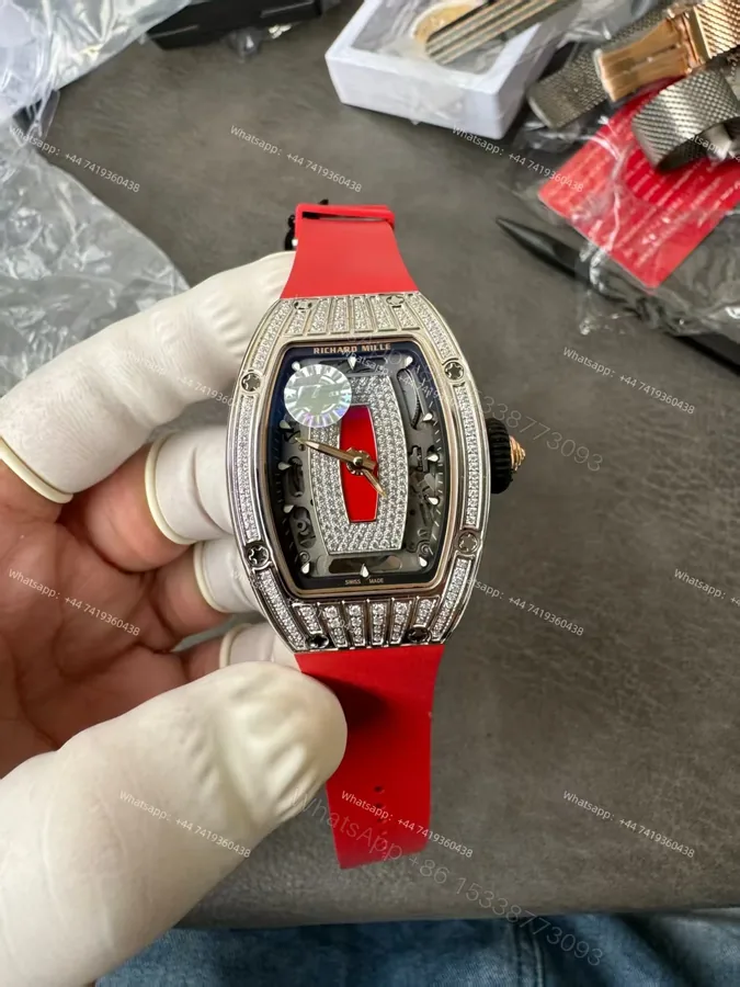 View 1 of Super Clone Richard Mille RM 07 Full Diamond 1:1 Replica Watch with Red Rubber Strap