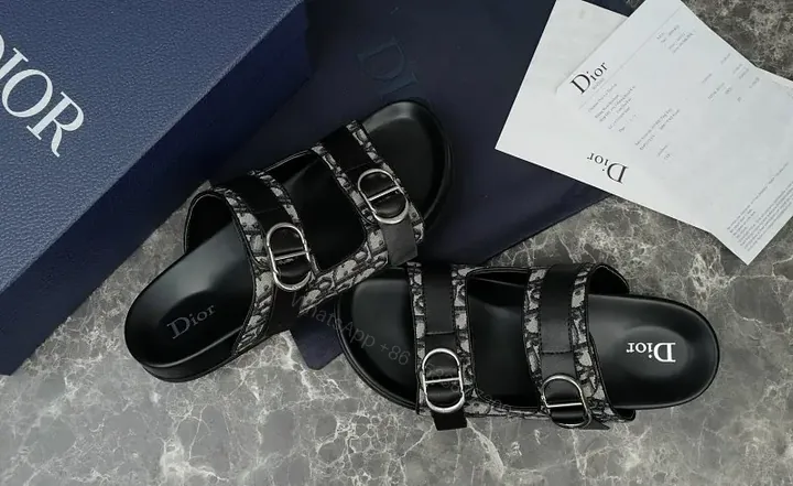 View 1 of Black Denim Leather Buckle Sandals Product Type: Dior Style