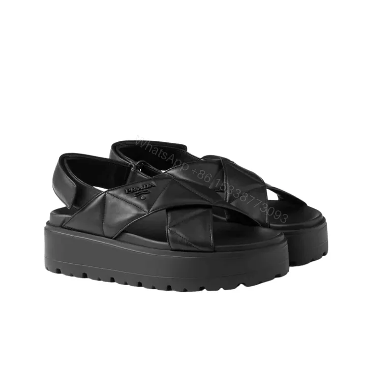 View 1 of PRADA NAPPA LEATHER CRISSCROSS FLATFORM SANDALS BLACK 1XZ777 038 F0002 F 045