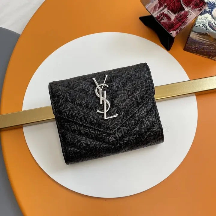 View 1 of Compact Luxe Wallet on Chain: Textured Leather, YSL Hardware