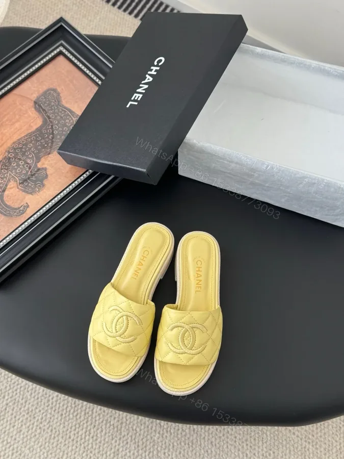 View 1 of Chanel Women Yellow Quilted Leather Slides