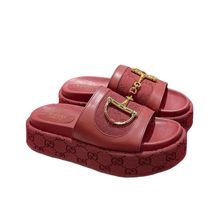 View 1 of GUCCI WOMEN’S PLATFORM SLIDES WITH HORSEBIT BURGUNDY