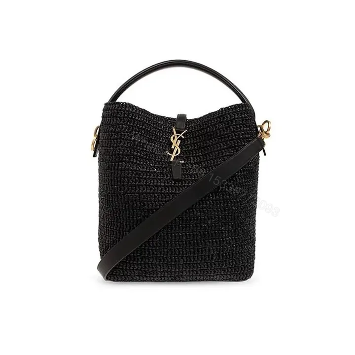 View 1 of Chic Black Woven Bucket Bag with Gold YSL Accent