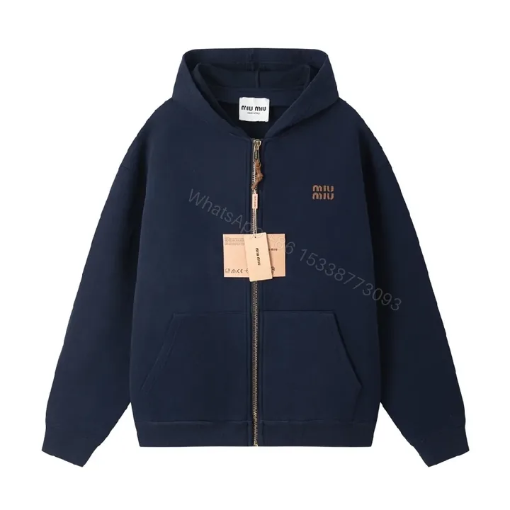 View 1 of Minimalist Navy Zip Hoodie—Cotton Blend, Modern Fit, Logo Accent, Hoodie