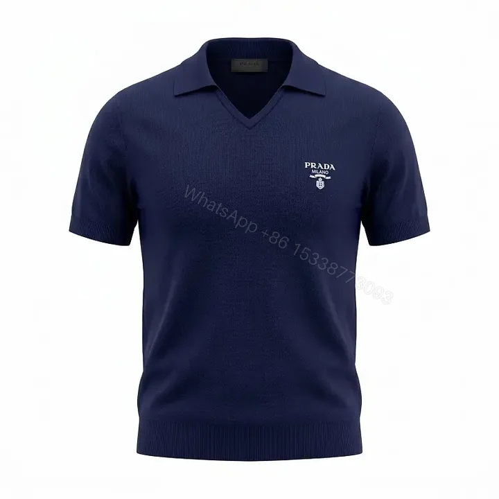 View 1 of Navy Knit Polo V-Neck Top with Crest Emblem, Short Sleeves