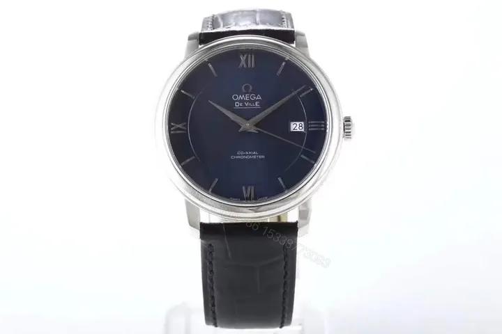 View 1 of Omega De Ville Prestige Replica Watch Blue Dial Silver Case Black Leather Strap