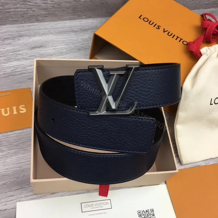 View 1 of Navy Leather Belt: LV Silver Buckle, Pebble-Grain Calfskin, Luxury Style, Premium All-Day Wear, Belt