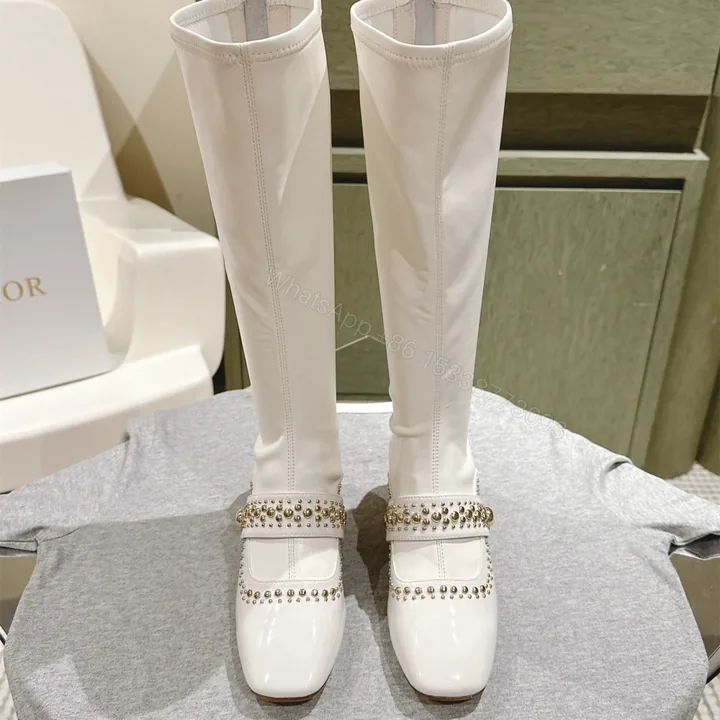 View 1 of 高仿Dior*Belle-D系列KDT063柳釘拉鏈高筒靴4CM白色免檢版