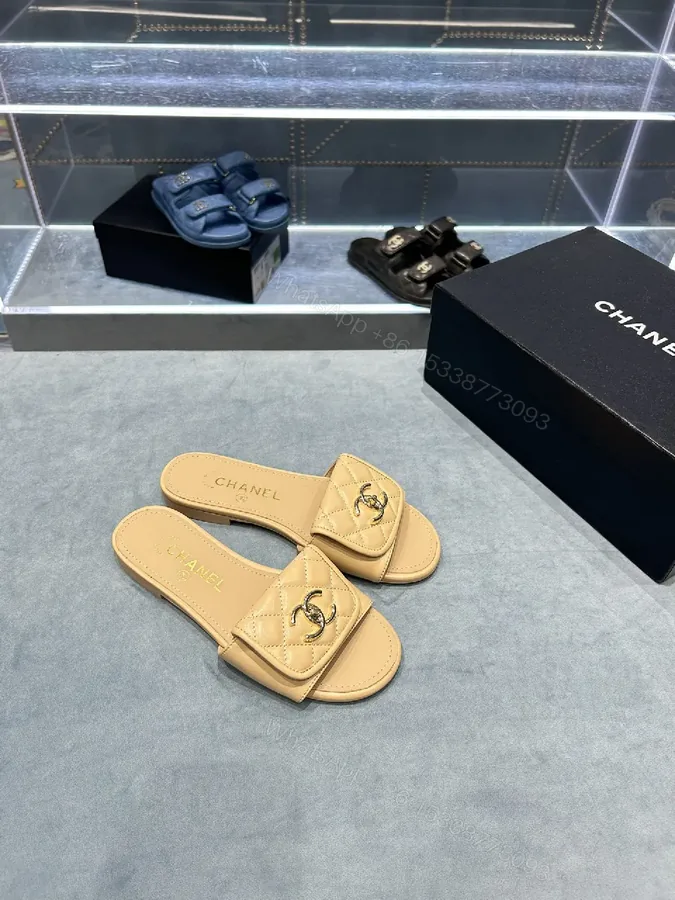 View 1 of Beige Quilted Leather Slide Sandals with Logo Detailing