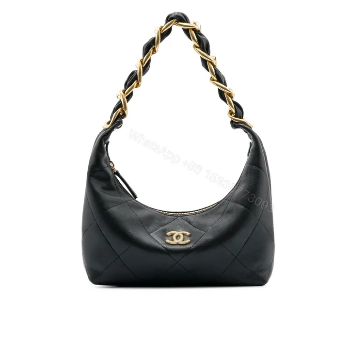View 1 of Chanel Hobo Handbag Shiny And Gold Tone Metal Black 24Cm