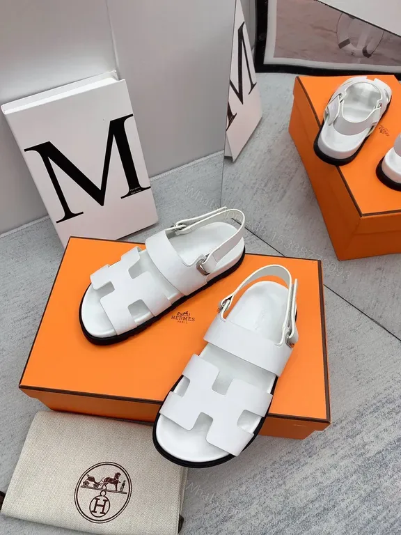 View 1 of Hermes Oran Sandals: White Calfskin, H-Detail Comfort Shoes