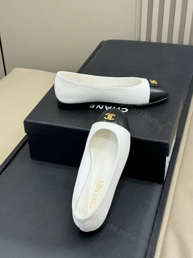 View 1 of White & Black Ballet Flats | Gold-Emblem Flat Shoes, Minimalist Luxe