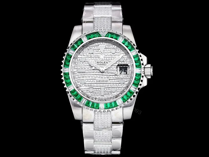View 1 of Rolex Submariner Green Baguette Diamond Replica 42MM Premium Meteorite Dial Pavé Oyster Bracelet RG-ROLEX-SUB-GREEN-BAGUETTE-42