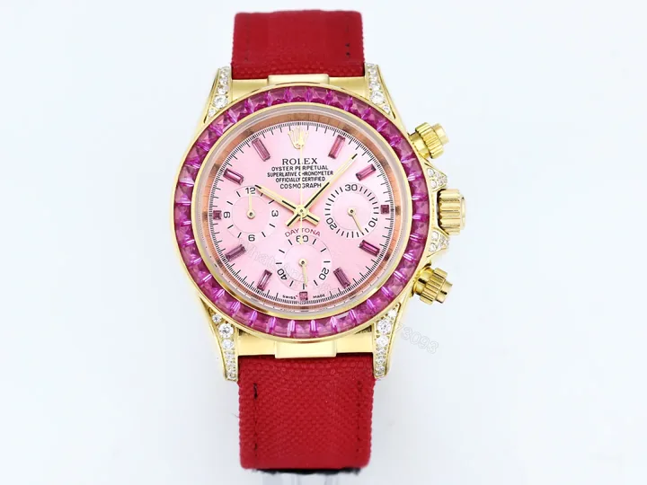 View 1 of Rolex Daytona Pink Ruby Red Strap Replica 43MM Exclusive Gold Case Edition RG-ROLEX-DAYTONA-PINK-RUBY-RED-43
