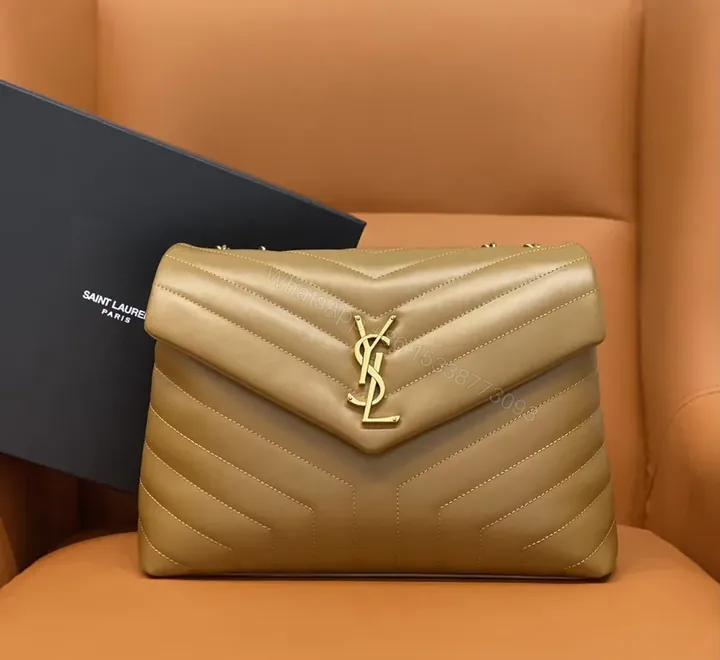 View 1 of Beige-Tan Calfskin Chevron Envelope Bag with Gold YSL Hardware