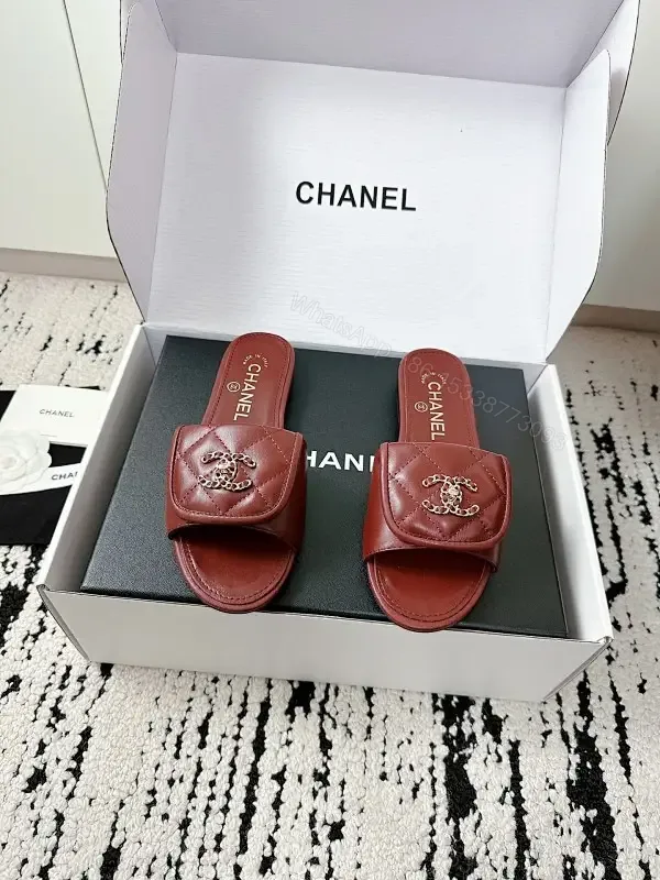 View 1 of Red Leather Chanel-Inspired Wide-Strap Slides: Luxe Everyday Elevation