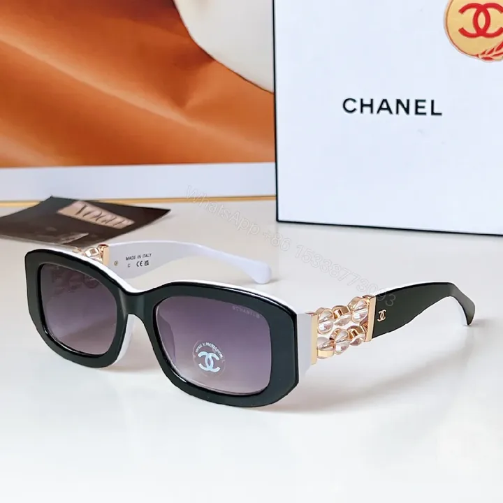 View 1 of Oversized Square Sunglasses: Black/White + Rose-Gold Chain Luxe Frame