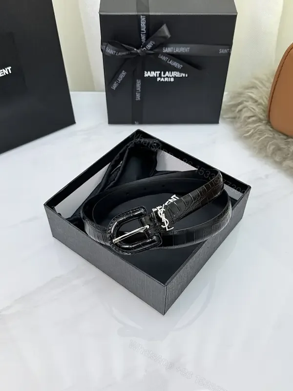 View 1 of Black Croc-Embossed Leather Belt, Silver Buckle, Elegant Saint Laurent Style
