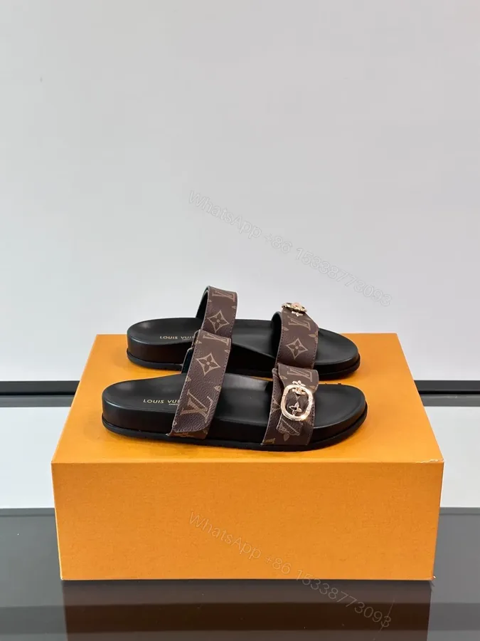 View 1 of LV Men Brown Leather Logo Print Sandals
