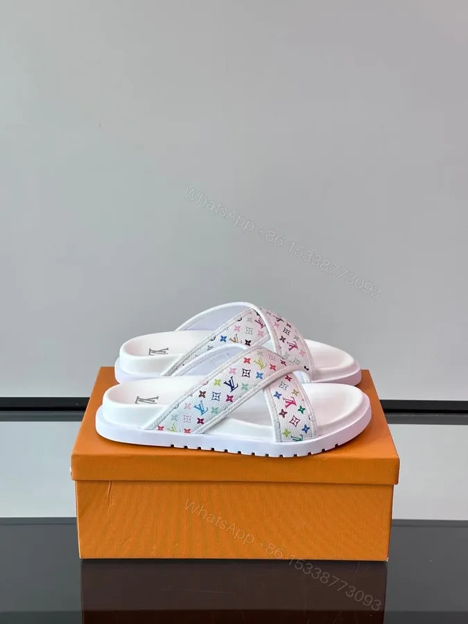 View 1 of LV Men White Multicolor Leather Slides