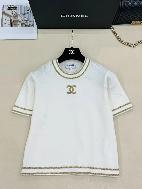View 1 of Luxury Knit Tee with Gold Chain Trim, White, Modern Fit, premium casual wear