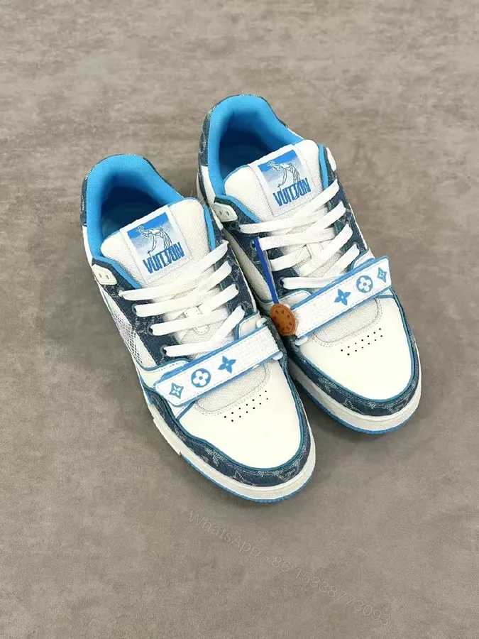 View 1 of Colorful Camouflage-Blue LV-Inspired High-Top Sneakers