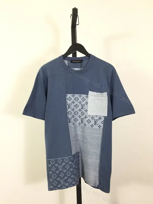 View 1 of Blue Patchwork LV-Patterned Casual Oversized Tee with Chest Pocket