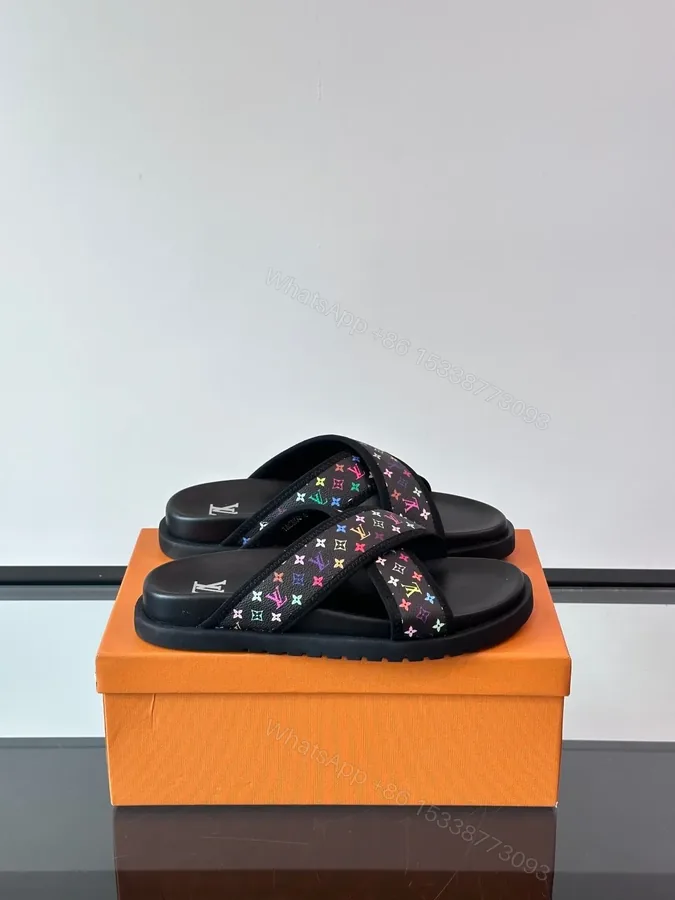 View 1 of LV Men Black Multicolor Canvas Slides