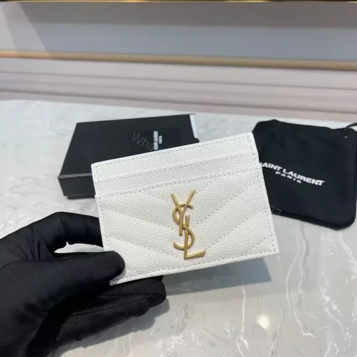 View 1 of White Textured Cardholder with Gold YSL Logo