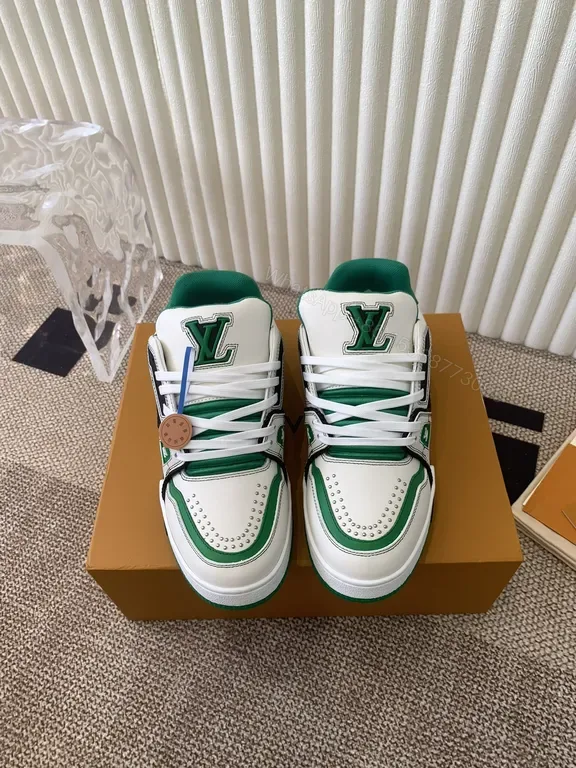 View 1 of Green & White Leather High-Tops with LV-Style Detailing Sneakers