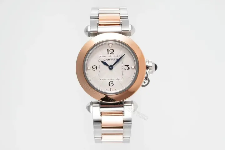 View 1 of JF Factory Cartier Pasha de Cartier Women’s Watch – Two-Tone Stainless Steel and Rose Gold, 30mm, White Dial, Quick-Release Stainless Steel and Calf Leather Straps, Swiss Quartz Movement Cal.157