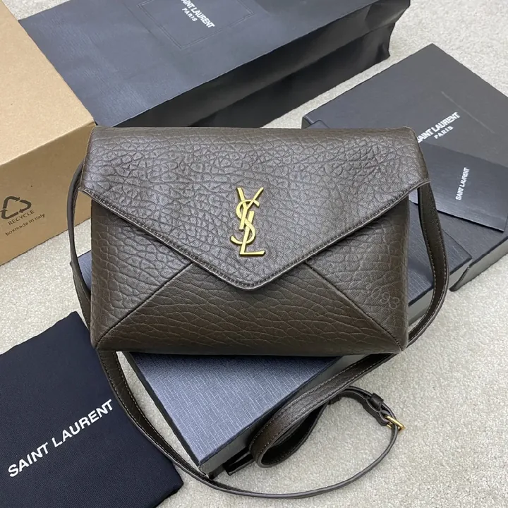 View 1 of Chic Brown Leather Shoulder Bag with Gold Logo, Structured Luxury