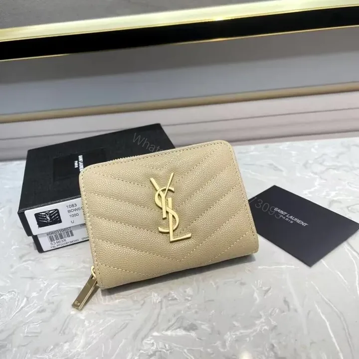 View 1 of Beige Quilted Wallet with YSL Hardware â€“ Compact Luxury Wallet
