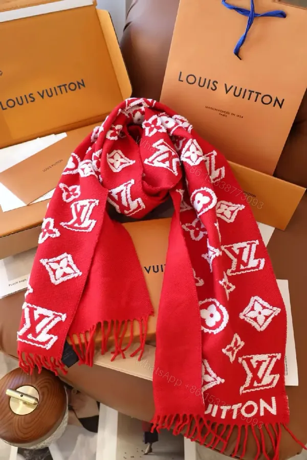View 1 of Bold Red Monogram Silk-Blend Scarf with Luxe Fringe Accent