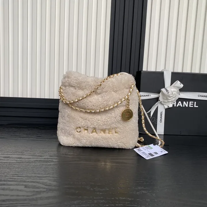 View 1 of Cream Sherpa Mini Bag with Gold Chain - Chanel-Inspired Luxe