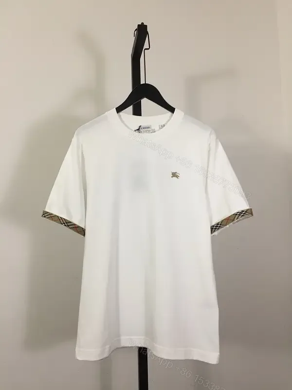 View 1 of White Cotton T-Shirt with Plaid Trim, Crewneck, Short Sleeves
