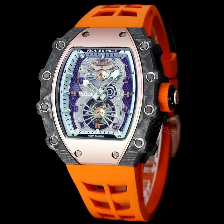 View 1 of Richard Mille RM21-01 Automatic Skeleton Watch 40MM Carbon Fiber Case Orange Strap Aerospace Structure 20 Keyway Screws Premium Edition RM-RM21-01-CF-ORG-SKL-40