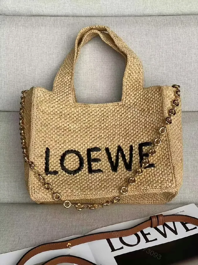 View 1 of Natural Straw Tote with Bold LOEWE Lettering Signature Carryall