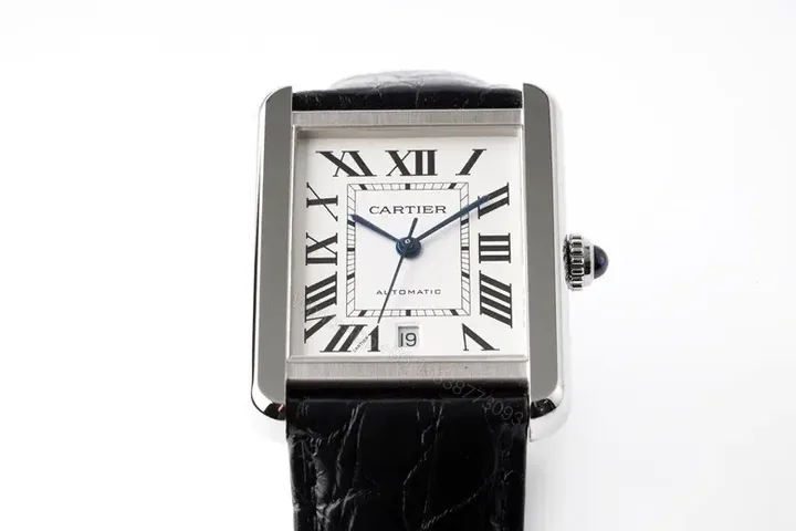 View 1 of V9 Factory Cartier Tank W5200028 Mechanical Watch – Silver Dial with Blue Hands, Black Leather Strap, Rectangular Style